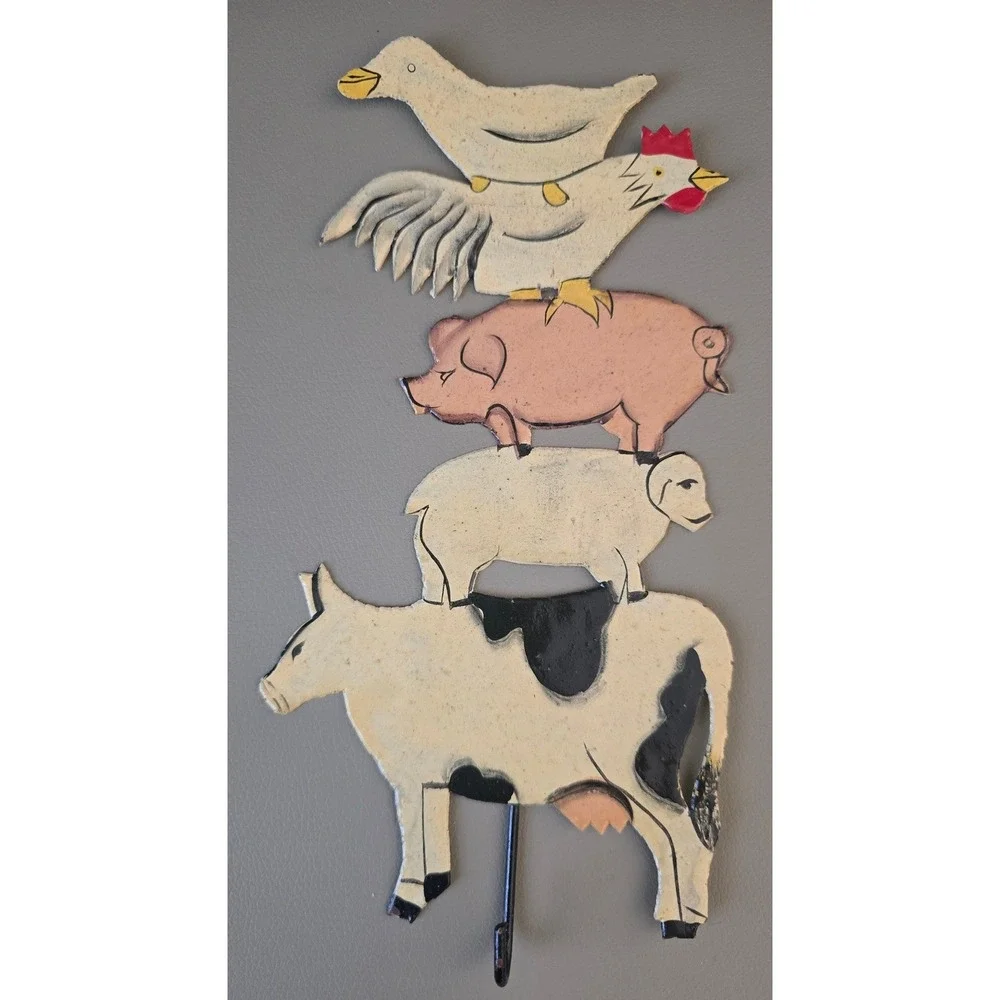 Vintage Farmhouse Metal Stacked Animal Wall Hook Cow Pig Sheep Rooster Duck